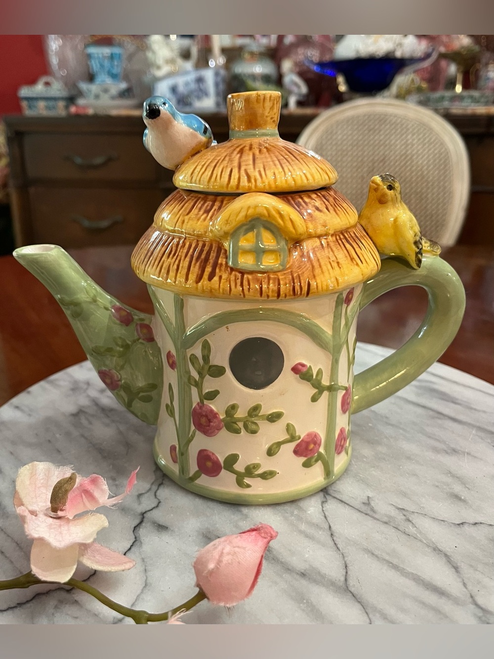 Birdhouse Floral Teapot w Lid & Two Charming, Chirping Birds Blue & Yellow